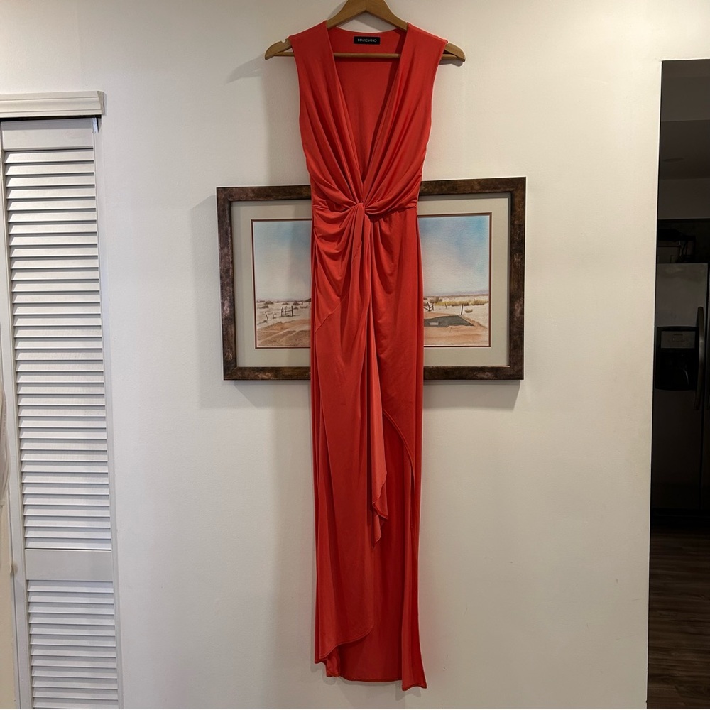 Marciano Plunge Neck Faux Wrap Midi Dress Coral - Picture 2 of 6
